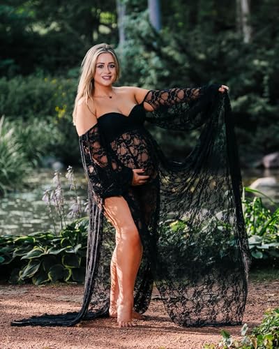 Saslax Soft Stretchy Lace Off Shoulder Doubly Split A-line Skirt Maternity Dress Pregnancy Maxi Gown for Photoshoot - color: Black, size: X-Large