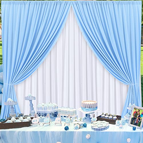 10x10ft Baby Blue and White Backdrop Curtains Panels for Parties Wedding Baby Shower Birthday Party Photography Background, Wrinkle Free Polyester Backdrop Curtains Drapes 4 Panel 2.5x10ft - color: Baby Blue+white, size: 60"W x 120"L (Pack of 4)