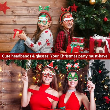 Wecoe Christmas Party Favors, 12pcs Christmas Headbands & Glasses Set - Festive Headwear Glasses Frame Hair Accessories for Women & Girls Classroom Game Party Supplies Photo Props