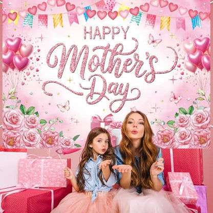 Happy Mother's Day Backdrop 7x5ft Pink Rose Floral Polyester Photography Background for Party Photo Booth Studio Banner Photoshoot Decoration - size: 7x5FT