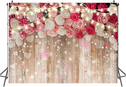 10x8ft Rustic Floral Wooden Wall Backdrop Wall for Women Family Photography Background Rose Flower Wooden Party Decoration for Birthday, Wedding, Baby Showers Valentine’s Day Photo Booth Props - size: 10 x 8ft
