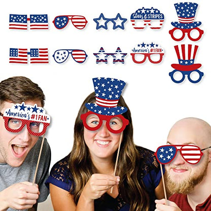 Big Dot of Happiness Stars and Stripes Glasses - Paper Card Stock Patriotic Party Photo Booth Props Kit - 10 Count