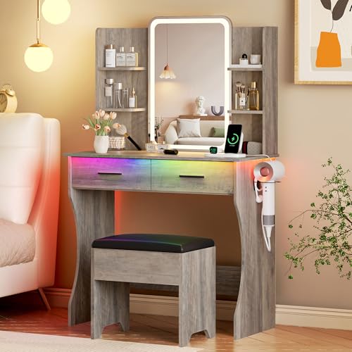 Vanity Desk with LED Lights Mirror & Power Outlet, Small Makeup Vanity Table Set with Storage Drawers & Chair, 3 Lighting Modes & Adjustable Brightness, Dressing Table for Women Girls Bedroom, Grey - color: Grey, size: 2 Drawers