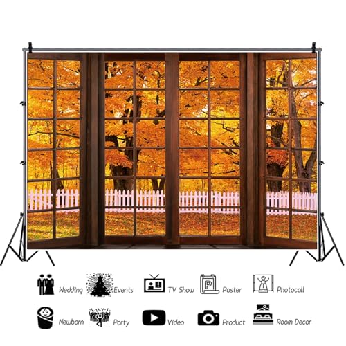 5x3ft Fall Backdrop Autumn Scenery Window Photography Background Tree Fall Leaves View Decorations Portraits Supplies Wallpaper Photo Studio Props - color: Brown, size: 5x3ft