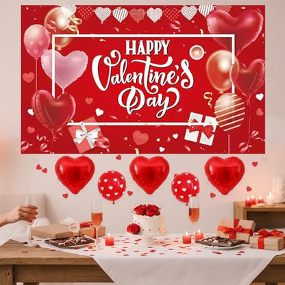 Happy Valentine's Day Banner - Large, 71x43 Inch | Red Hearts Balloons Backdrop Romantic Photo Booth Props -14th February Party Decorations