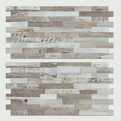 AULIGET Peel and Stick Backsplash, Coffee & Brown Wood Look PVC Mixed Metal Stick on Bathroom Backsplash, 2 - color: Coffee & Brown Wood + Metal Silver, size: 2 Sheets, 6"x12"x0.12"