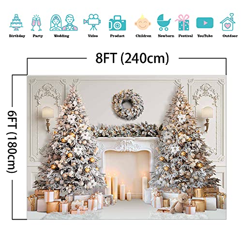 Mocsicka Classic Christmas Interior Room Photography Backdrop White Christmas Fireplace Photo Background Decorated Xmas Tree Family Kids Holiday Party Banner Decorations Photo Booth Props (8x6ft) - size: 8x6ft