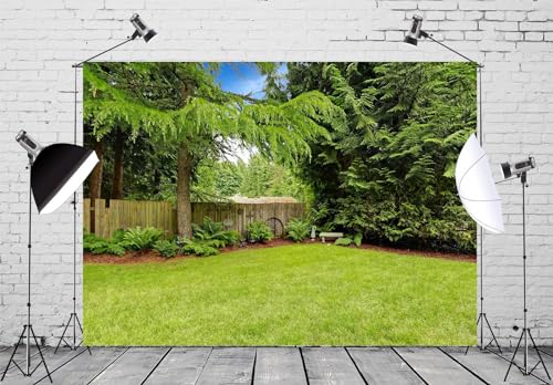 15x10ft Fabric Spring Backyard Backdrop for Photography Green Backyard Area with Wooden Fence and Trim Background for Green Grassland Nature Outdoor Photo Backdrop Kids Adults Studio Props - size: 15x10FT