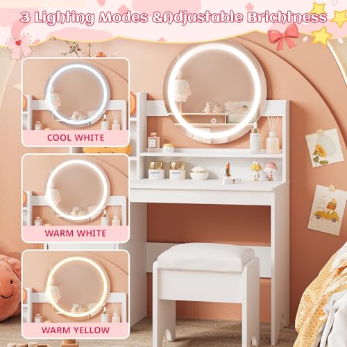 Vabches Kids Vanity with Lights, Princess Makeup Vanity Desk with Open Bookshelf, Storage Cabinet & Shelves, Toddler Vanity Table and Chair Set, Pretend Play Vanity Set for Little Girls, White - style: White