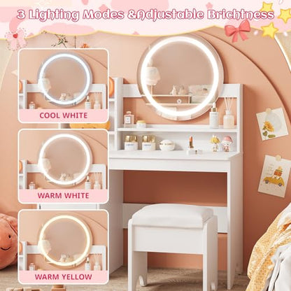 Vabches Kids Vanity with Lights, Princess Makeup Vanity Desk with Open Bookshelf, Storage Cabinet & Shelves, Toddler Vanity Table and Chair Set, Pretend Play Vanity Set for Little Girls, White - style: White