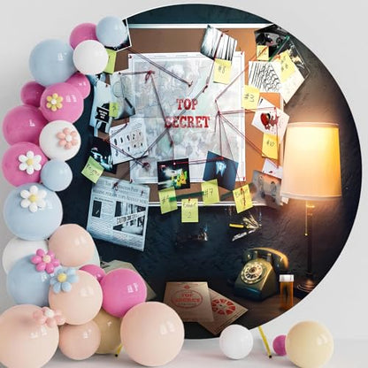Detective Round Backdrop Cover 7.2x7.2ft Agent Spy Theme Top Secret Police Office Investigation Photography Background Crime Clue Evidence Murder Mystery Party Decorations Photo Booth Props - size: 7.2x7.2