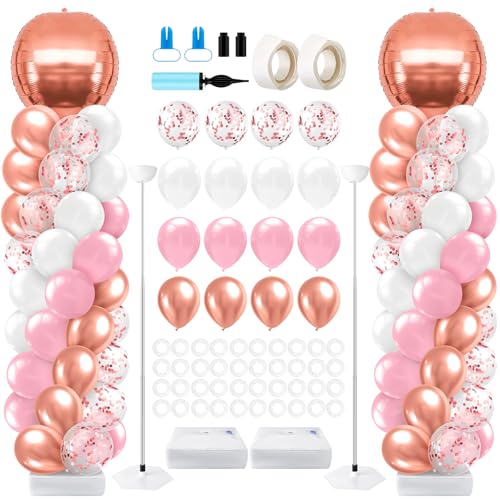 2 Sets Pink and Rose Gold White Graduation Balloon Column Stand Kit for Class of 2026, Adjustable Floor Balloon Arch Tower with Foil & Latex Balloons, DIY Decor for Grad Ceremony Backdrop - color: Pink and Rose Gold White