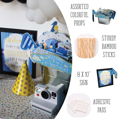 1st Birthday Boy Photo Booth Props - 41-pc Photobooth Kit with 8 x 10-Inch Sign, 60 Adhesive Pads, 45 Sticks - First Birthday Photo Kit