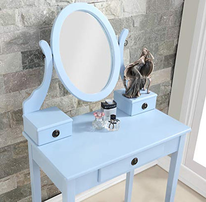 Roundhill Furniture Moniys Wood Makeup Vanity Table and Stool Set, Blue - color: Blue