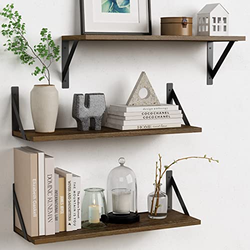 Forbena 24 Inch Long Floating Shelves for Wall Set of 3, Wooden Wall Bookshelf for Bedroom, Large Rustic Wood Hanging Book Shelves for Living Room Plants Kitchen Office Closet Storage (Dark Brown) - color: Rustic Brown, size: 24 Inches