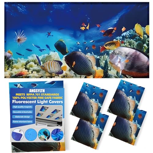 ANGSYLTH 4 Pcs Fluorescent Light Covers with Flame Retardant Certificate - Classroom, Office 4 x 2 Feet 40 Magnetic Covers for Ceiling Lights Filters (Underwater World) - color: Underwater World