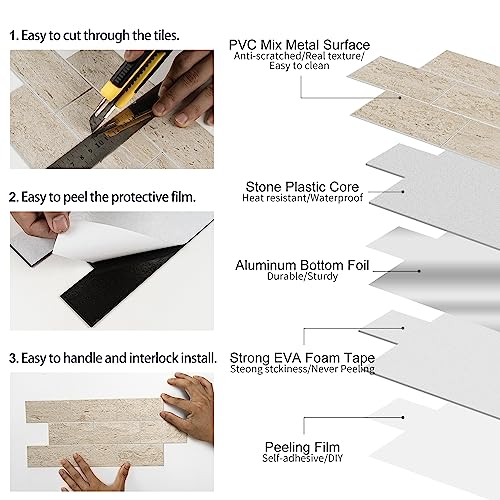 20-Sheet Greek Beige Sandstone Peel and Stick Backsplash - 13.5" x 5.8" Thickened 3D Subway Tile - 1.4X Coverage Area Grout-Free Wall Tiles for Kitchen & Bathroom (9.2 Sq.Ft) - color: Beige Sandstone Texture
