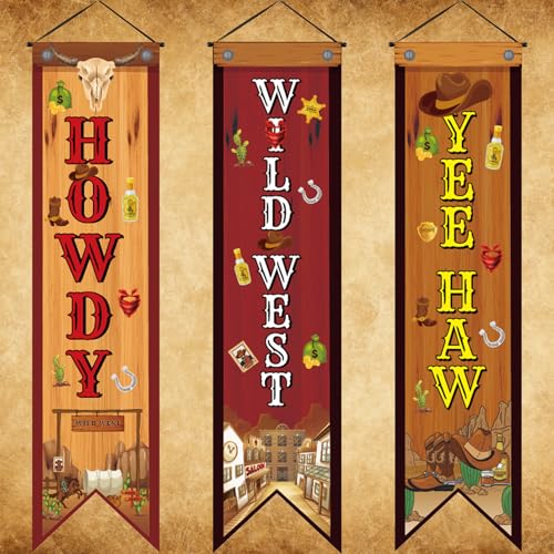 3Pcs Western Party Decorations Cowboy Banners Wild West Hanging Decor Howdy Yee Haw Porch Sign Backdrops Welcome Banner Porch Sign for Men Boy Indoor Outdoor Western Birthday Photo Props