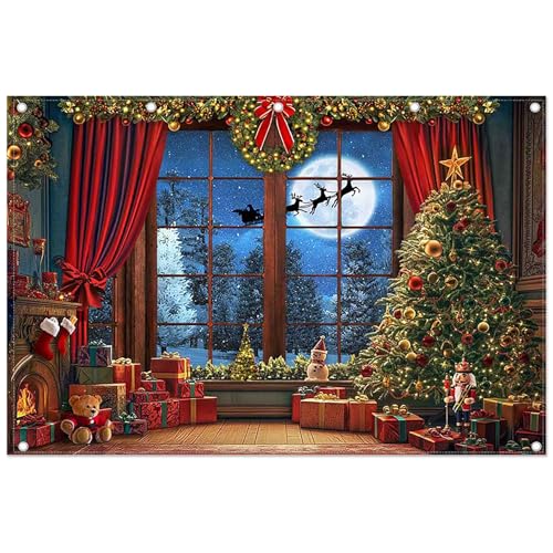 Fabric 12x8ft Christmas Window Photography Backdrop Winter Merry Xmas Tree Background Night Snow Party Decoration Holiday Photo Banner Props - size: 12'x8'