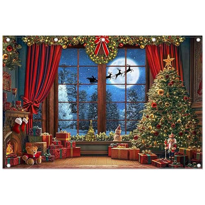Fabric 12x8ft Christmas Window Photography Backdrop Winter Merry Xmas Tree Background Night Snow Party Decoration Holiday Photo Banner Props - size: 12'x8'