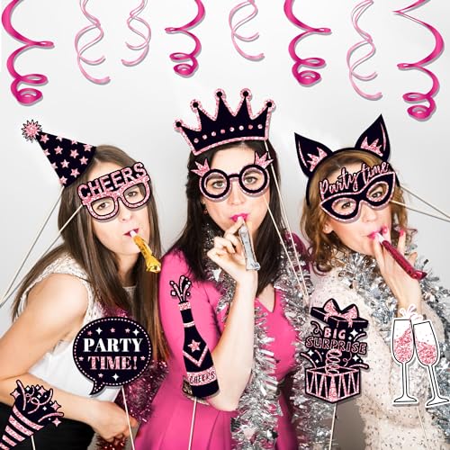 36 PCS Birthday Photo Booth Props Party Supplies Holiday Picture Decorations Photo Booth Props for Birthday Party Favors Pose Sign Kit Fun for Party (Black and Pink) - color: Black and Pink