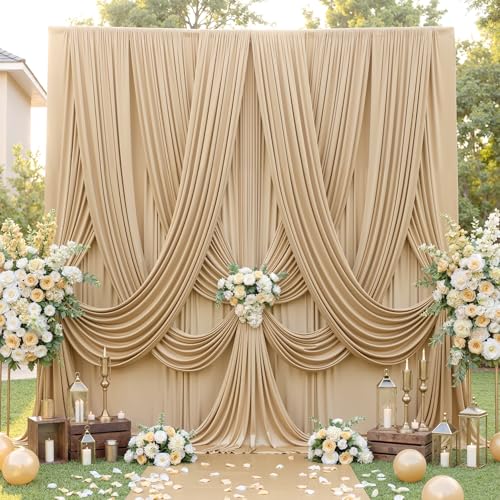 10ft×12ft Wrinkle Free Champagne Backdrop Curtain for Wedding Parties, 2 Panels 5×12ft Long Silky Polyester Fabric Backdrop Drapes Photo Back Drop Curtains for Birthday Photography Background Cloth - color: Beige, size: 12ft Long_2 Panels