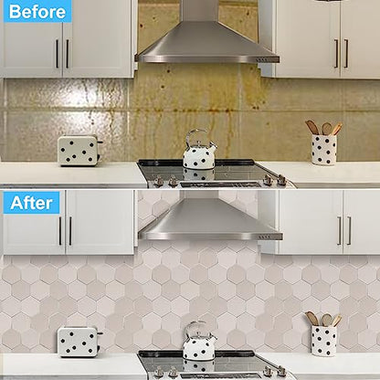 Thickened Hexagon Peel and Stick Tile Backsplash, New Upgrade Glossy and Matte Beige Waterproof Stick on Backsplash, Self-Adhesive Marble Tiles for Kitchen,Bathroom and Bedroom，10-Sheet. - color: Matte and Glossy Beige