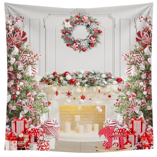 8x8 FT Christmas Fireplace Backdrop White Fireplace Red Xmas Tree Photography Background Winter Christmas Family Kids Holiday Party Theme Decorations Banner Photo Booth Props - size: 8x8 FT