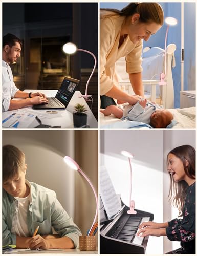 LiFMIRA Desk Lamp Clip on Light 8W 66 LED Reading Light for Bed, 5 Colors 10 Dimming Levels, Eye Caring Metal Reading Lamp, Clip lamp for Bed Headboard Home Office (Pink) - color: Pink