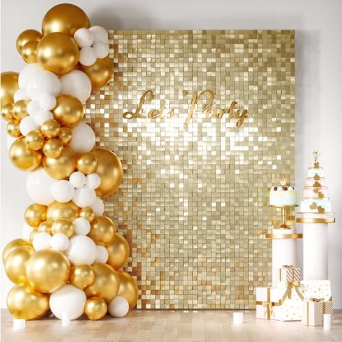 COKAOBE Light Gold Shimmer Wall Backdrop, 24PCS Square Sequin Shimmer Backdrop Panel, Photo Backdrops for Birthday, Anniversary, Wedding, Graduation & Bachelorette Party Decoration - color: Light Gold, size: 24pcs (6x4ft)
