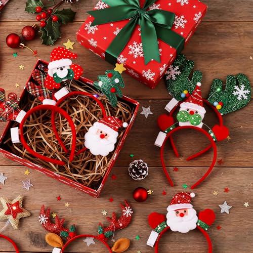 Jexine 24 Pcs Christmas Light up Headbands LED Christmas Headbands with Different Designs Reindeer Antler Santa Hat Tree Xmas Hat Bow Hair Hoop for Xmas Party Favors Decoration Adult Women