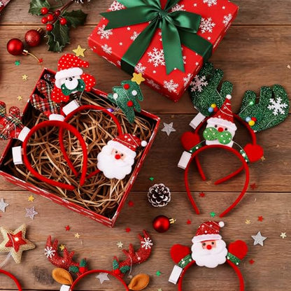 Jexine 24 Pcs Christmas Light up Headbands LED Christmas Headbands with Different Designs Reindeer Antler Santa Hat Tree Xmas Hat Bow Hair Hoop for Xmas Party Favors Decoration Adult Women