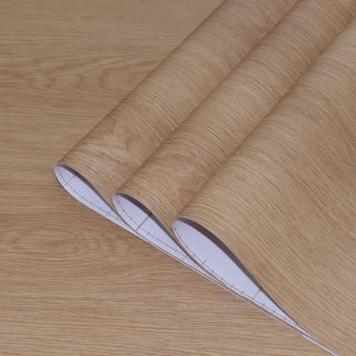 32x590in Extra Wide Light Brown Wood Grain Contact Paper Tan Walnut Textured Peel Stick Wallpaper Air Guide Slot Design Matte Thick Self-Adhesive Waterproof Furniture Stickers Vinyl Decorative Film - color: Warm Brown, size: 32" x 590"