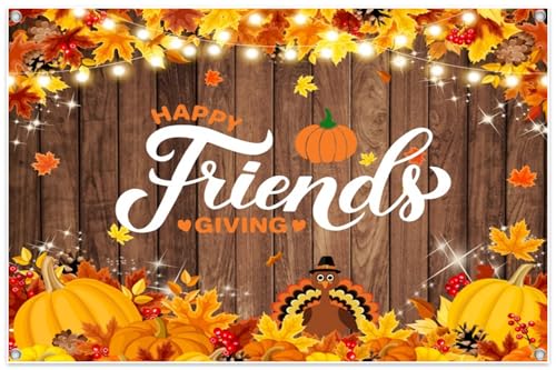 Happy Friendsgiving Banner 8x6.5ft Polyester Fall Harvest Backdrop Thanksgiving Autumn Rustic Wood Wall Party Decorations Farmhouse Maple Leaves Pumpkin Background Photo Booth Props - color: brown, size: 8X6.5FT-Polyester