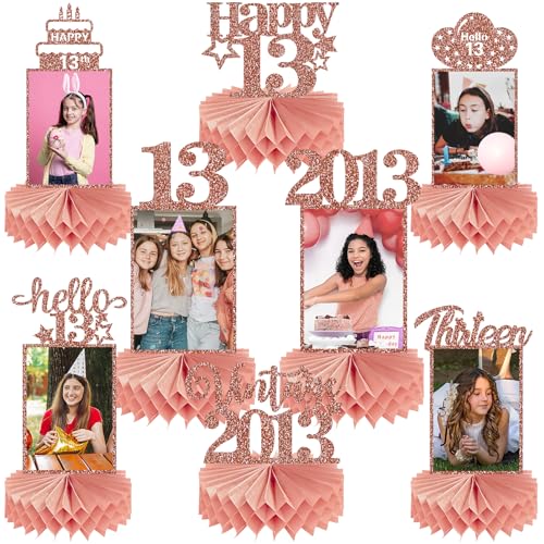Guiruiy 8Pcs 13th Birthday Decorations Honeycomb Centerpieces for Girls, Pink Rose Gold Glitter Vintage 2013 13 Birthday Photo Table Centerpieces Party Supplies, Pink Thirteen Birthday Teenager Decor - style: Rose Gold 13th