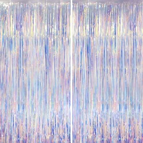 Voircoloria 2 Pack Iridescent Foil Fringe Curtains, Holographic Tinsel Streamers Birthday Party Decorations, Fringe Backdrop for Kids Birthday, Baby Shower, Anniversary, Engagement Themes Party - color: 39 Iridescent Pink