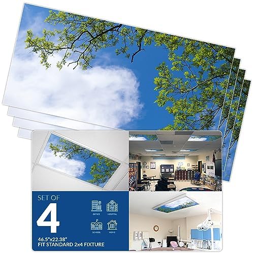 OCTO LIGHTS Tree Fluorescent Light Covers 2x4 Fixtures (22.38" x 46.5") Ceiling Light Cover for Classroom and Office, Decorative Light Covers for Ceiling Lights, Office Light Covers - (Pack of 4) - color: Blue Sky Acacia Tree, size: 4pk