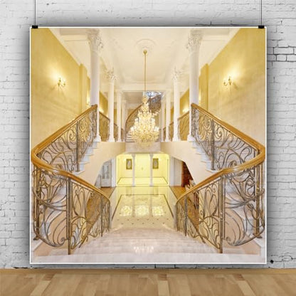 Leowefowa 6x6ft Luxurious Palace Backdrop Crystal Chandelier Staircase Carved White Pillars Marble Floor Backdrops for Photography Interior Vinyl Photo Background Wedding Ceremony Studio Props - size: 6x6ft