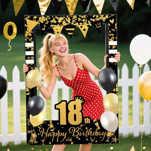 18th Years Old Birthday Photo Frame Black Gold 18th Birthday's Theme DIY Funny Handheld Paper Photo-Props Background Photography for Birthday Party Decoration Supplies - color: 18th Birthday Party Photobooth Props