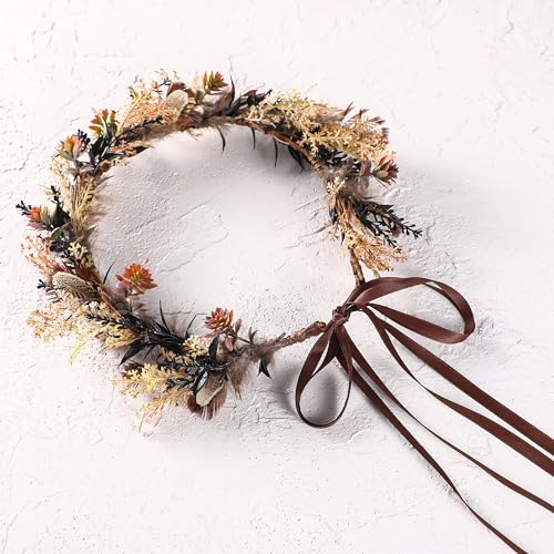 Brown Flower Crown Headband - Fairy Elf Floral Headpiece For Women Bridal Wedding Renaissance Hair Accessories Party Birthday Photoshoot Props - color: Feather-Brown