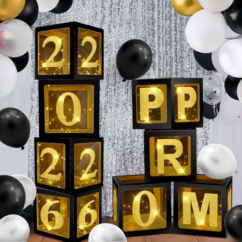 Suncalla 8 Pcs LED Light 2026 Prom Graduation Decorations 12" Prom Balloon Boxes Column Standup 2026 Graduation Lighting Boxes Backdrop Decor for Indoor Outdoor Party Supplies(Black Gold) - color: Black Gold
