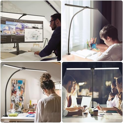ShineTech LED Desk Lamp for Home Office, 4000K Neutral White Double Head Architect Task Lamps with Clamp, Dimmable Adjustable Flexible,Black - color: 4000K- Cool White