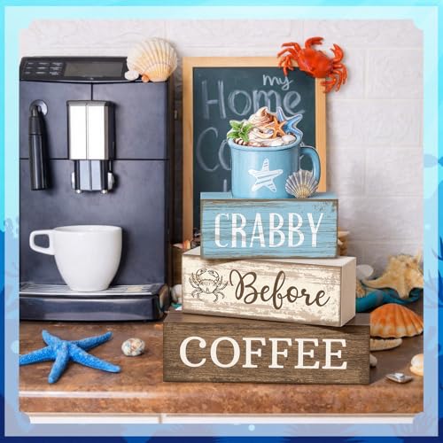 Lineshading 4 Pcs Summer Table Decorations Wooden Beach Coffee Decor Summer Tiered Tray Decor Farmhouse Crabby Before Coffee Crab Block Signs Gifts for Beach Nautical Party Home Office Decorations - style: Beach Coffee