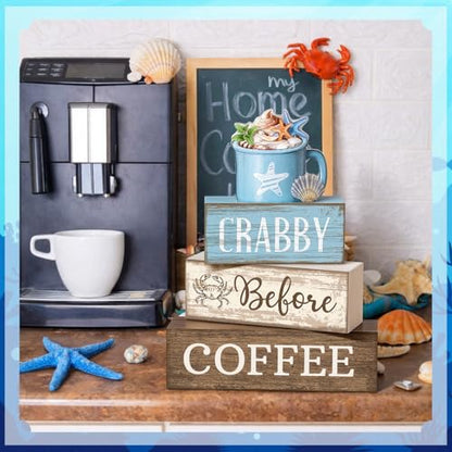 Lineshading 4 Pcs Summer Table Decorations Wooden Beach Coffee Decor Summer Tiered Tray Decor Farmhouse Crabby Before Coffee Crab Block Signs Gifts for Beach Nautical Party Home Office Decorations - style: Beach Coffee