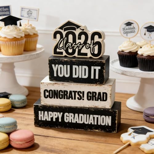 4 Pcs Class of 2026 Graduation Wooden Table Sign Tiered Tray Decor Wood Congrats Grad Table Centerpiece Block Signs You Did It Rustic Photo Props for Home Kitchen Shelf Display Farmhouse Congratulate