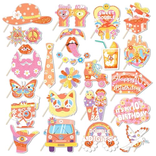 25Pcs Groovy 10th Birthday Photo Booth Props with Stick, Boho Hippie Theme Selfie Props, Retro Party Supplies, Girl Kids Bday Photography Backdrop Decorations