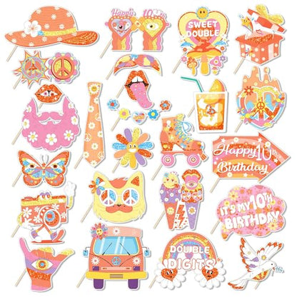 25Pcs Groovy 10th Birthday Photo Booth Props with Stick, Boho Hippie Theme Selfie Props, Retro Party Supplies, Girl Kids Bday Photography Backdrop Decorations
