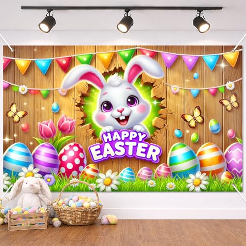 BlissYard Happy Easter Party Backdrop Banner Cute Bunny Backdrop Spring Easter Floral Rabbit Colorful Eggs Sign Green Grass Yard Background Photography Party Decoration Photo Prop - color: Easter Bunny#5