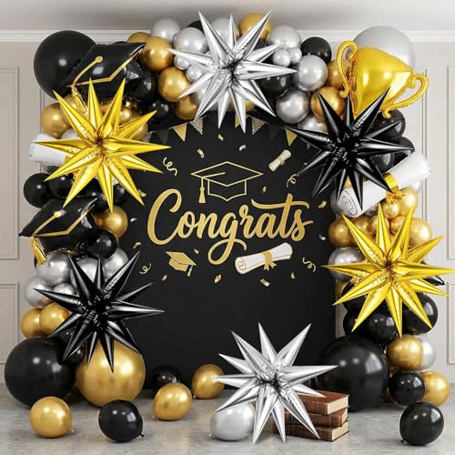 72PCS Gold Silver Black Star Balloons, Big 26 Inch Star Foil Metallic Mylar Balloons, Spike Balloon Fireworks for Graduation New Year Retirement Party Birthday Photo Props - color: Gold, Silver, Black, 26 Inch