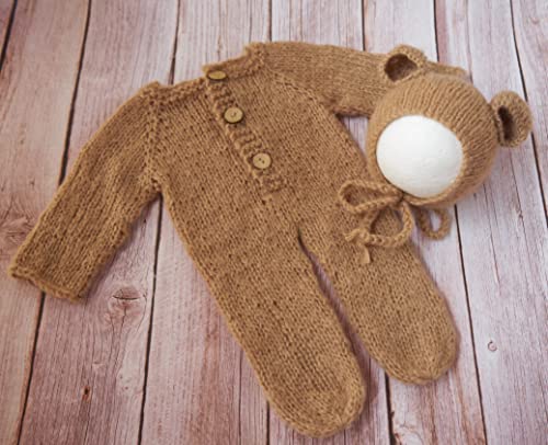 Coberllus Newborn Photography Props Outfits Mohair Bear Hat & Footed Romper for Baby Photo Props Newborn Photo Shoot Props - color: Dark Khaki